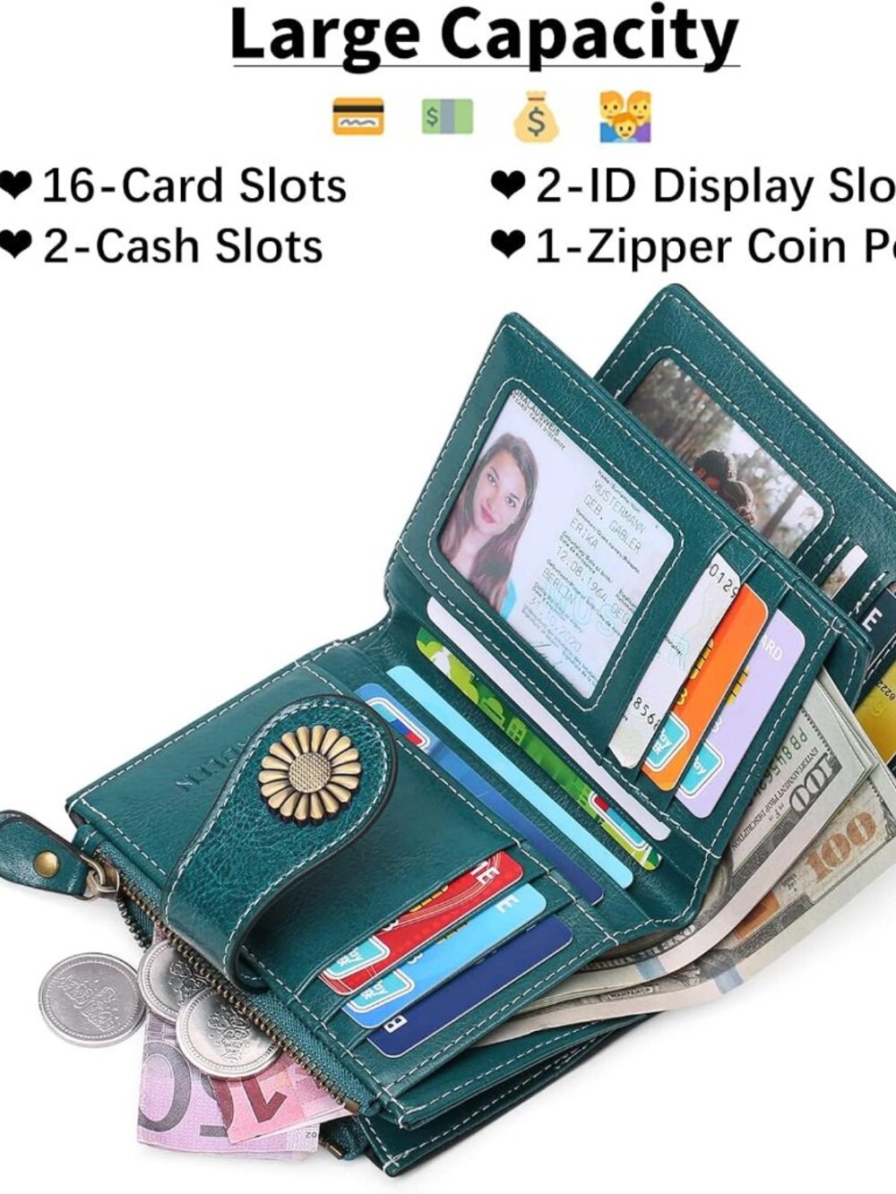 Small Women Wallet Leather Bifold Purse with ID Window - Picture 4 of 8
